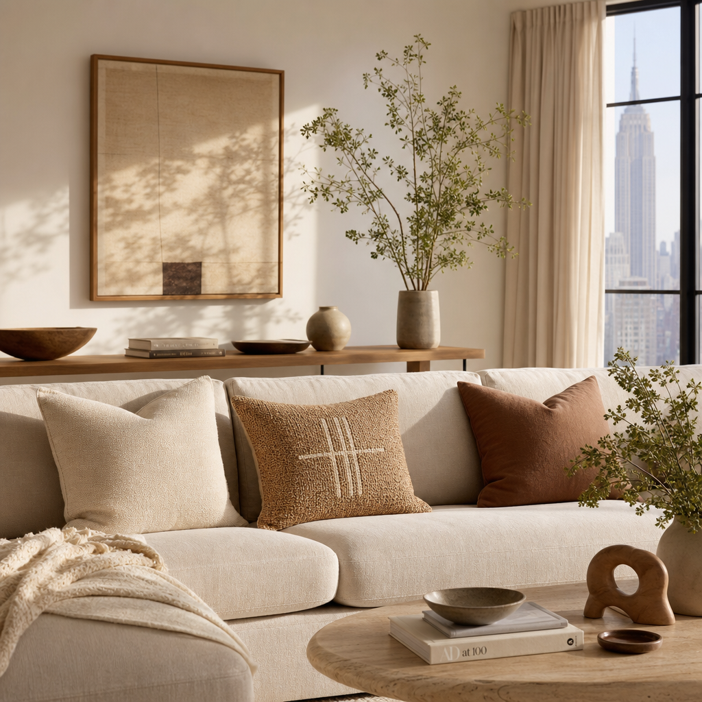 Almohadón tejido ambientado en un loft minimalista