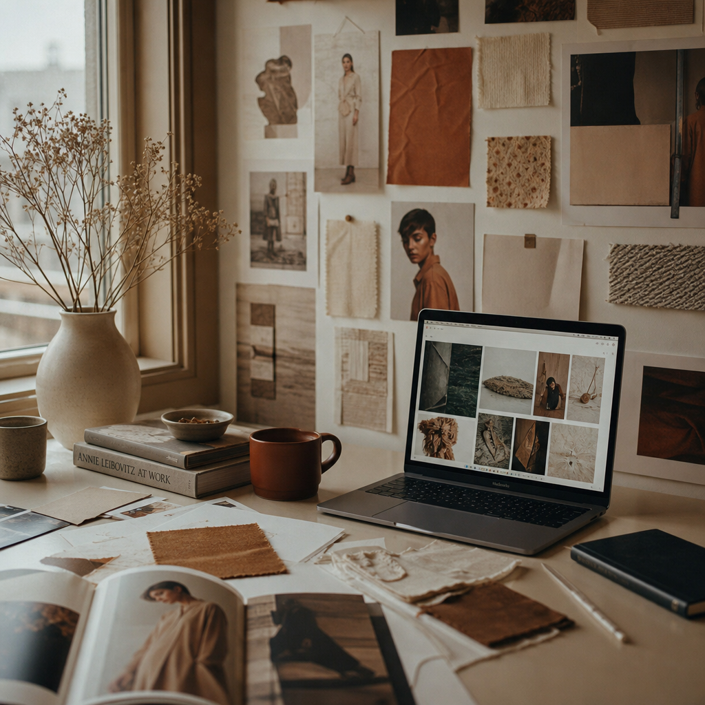 Mesa de dirección de arte con moodboard, muestras de tela y fotografías